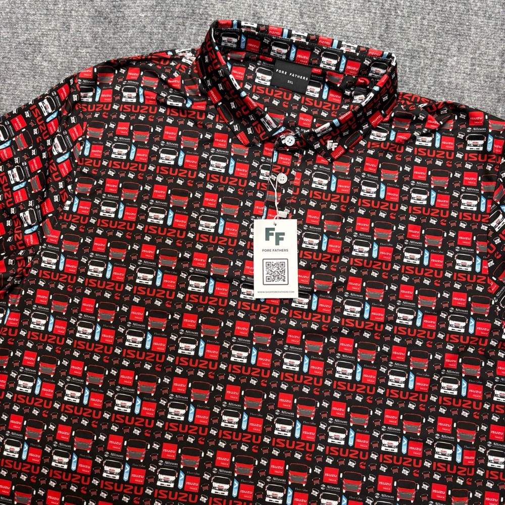 Fore Fathers Golf Polo Mens 3XL XXXL Black ISUZU All Over Print Stretch NWT